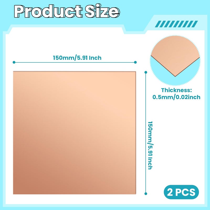 QIMAOO Copper Sheet, 2 Pieces of Copper Plates 6" x 6"-24 Gauge(0.5mm) Thickness, 99% Pure Copper Sheets for Metal Crafts, Jewelry Making, DIY, Jewelry - Image 2